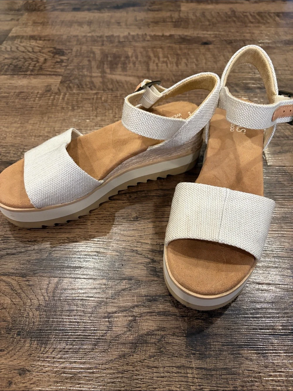 TOMS Cream Canvas Wedge Sandals with Ankle Strap